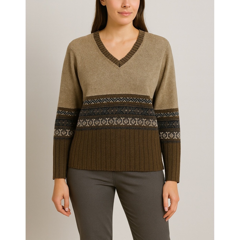 Fashion Bug Fair Isle Knit Sweater Women's Size‎ M Brown Nordic Winter Pullover
